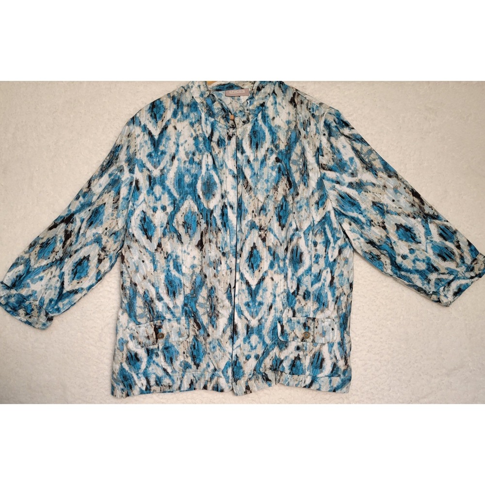 Chicos 100% Linen Jacket Womens Size 2 Watercolor Open Front 3/4 Sleeve 0269